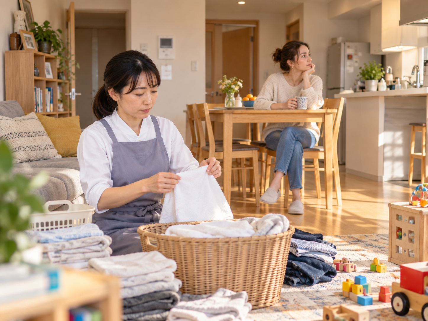 洗濯物をたたむスタッフと、ダイニングで過ごす妻。サービス導入当初を表すイメージ