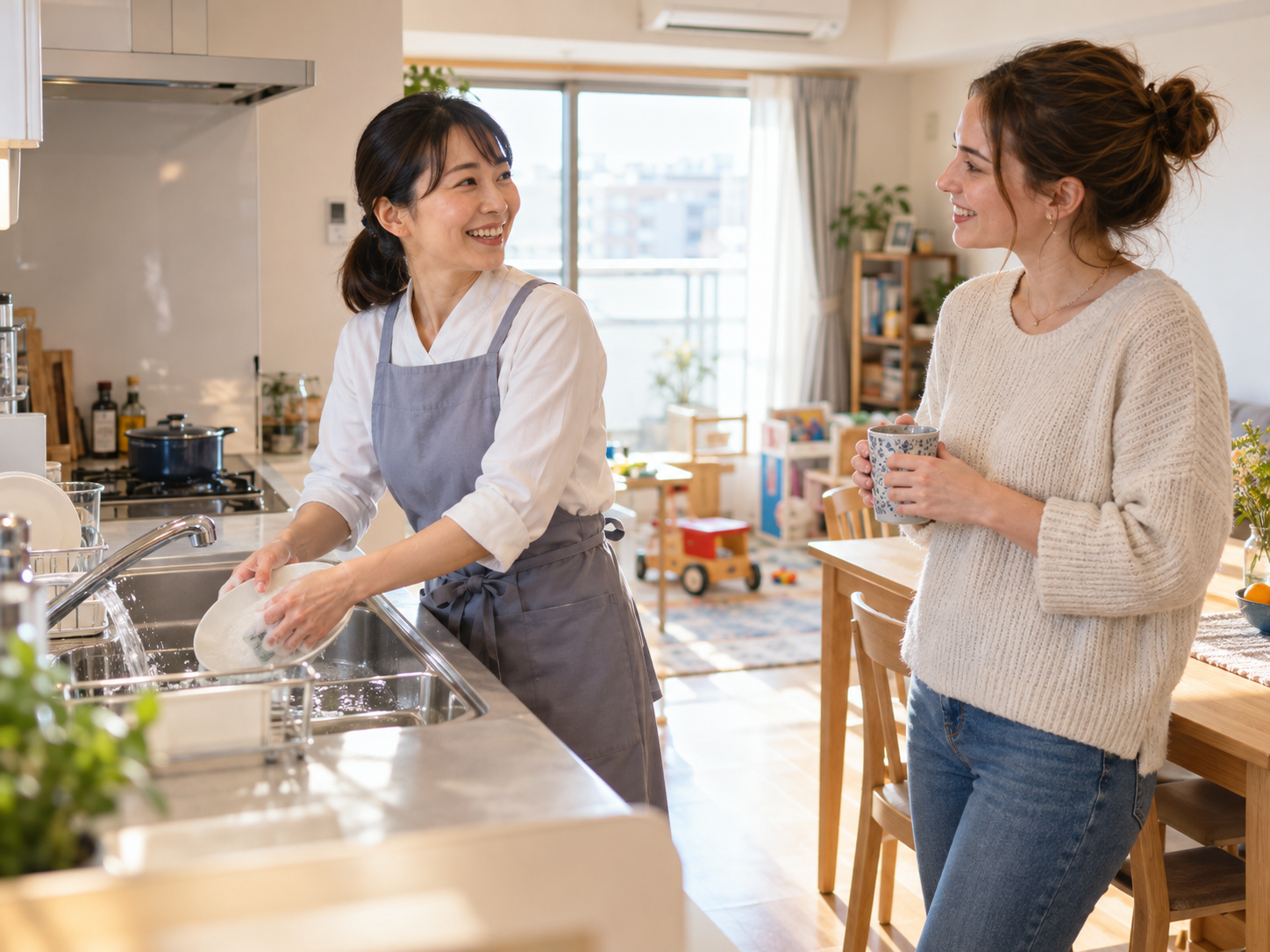 キッチンで食器を洗いながら、近くにいる妻と会話する家事スタッフのイメージ