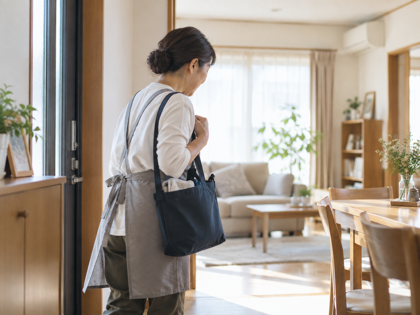 道具の入ったバッグを持ち、お客様宅で仕事を始める家事スタッフのイメージ